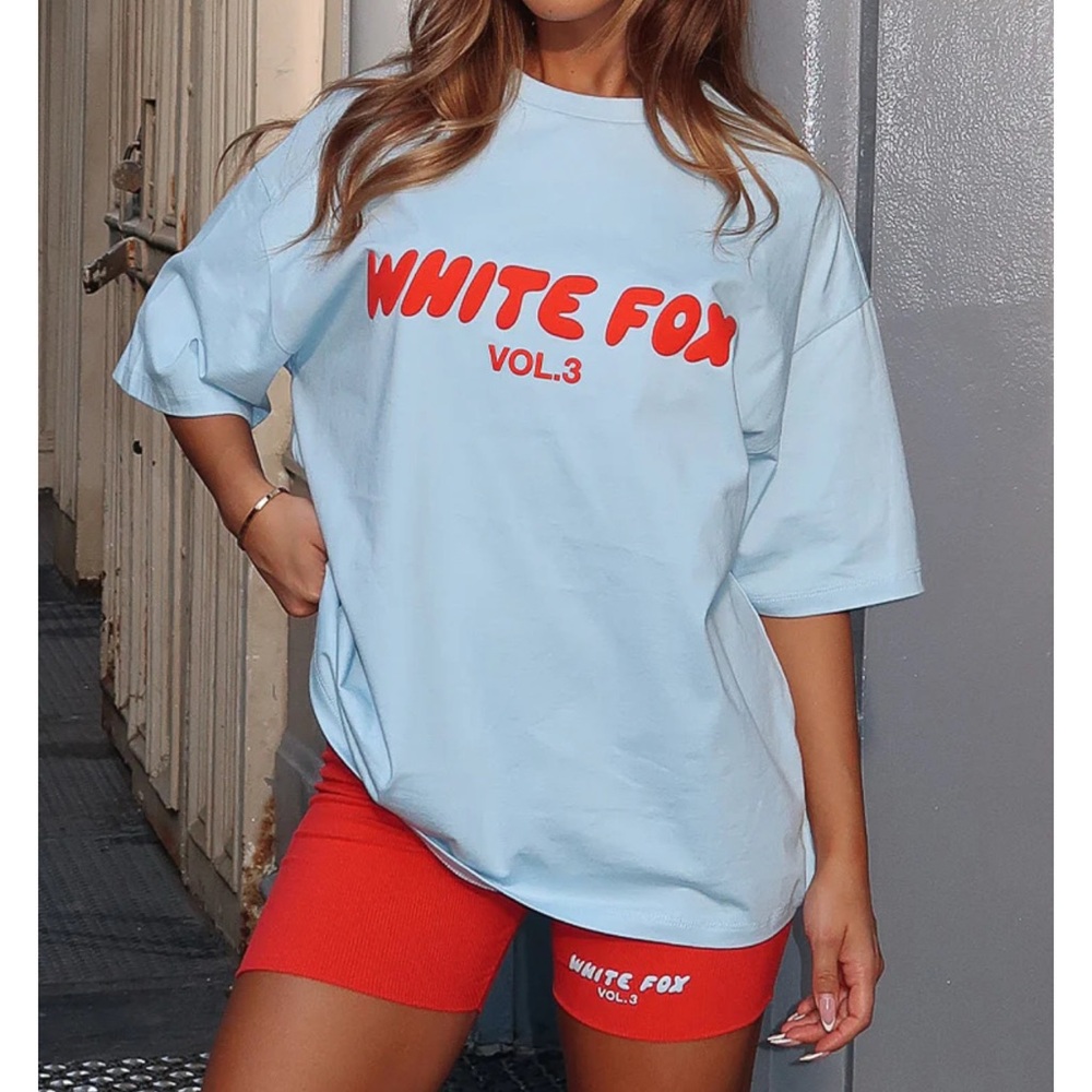White Fox Boutique Light Blue and Red Tee